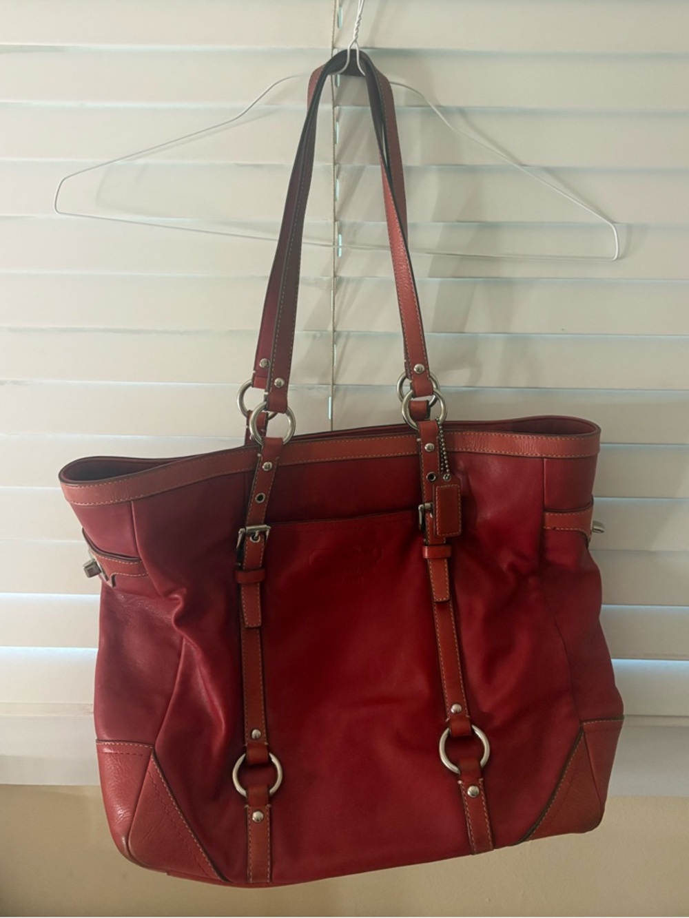 Coach Red Leather Tote with Double Strap Detail